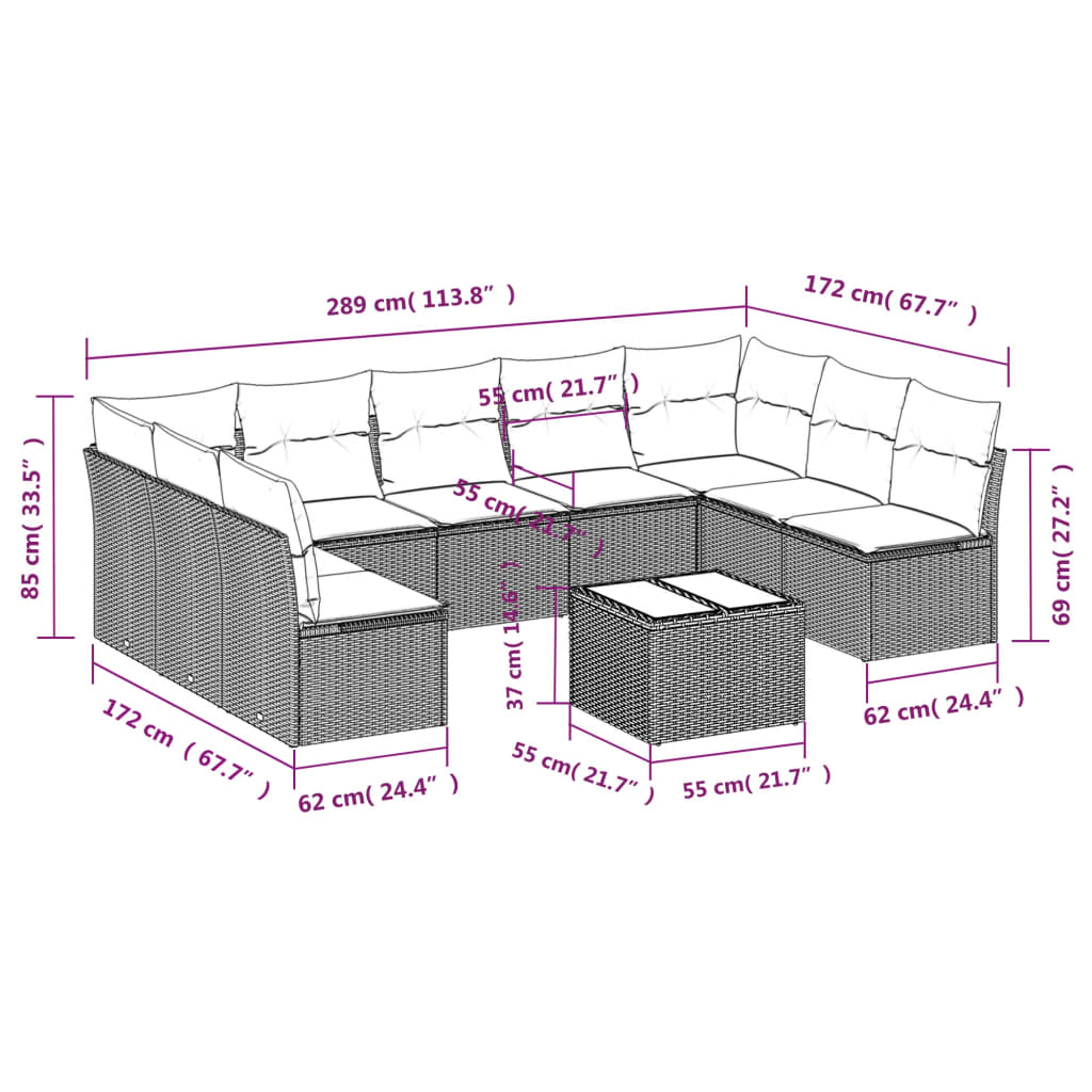 10-tlg. Garten-Sofagarnitur mit Kissen Braun Poly Rattan