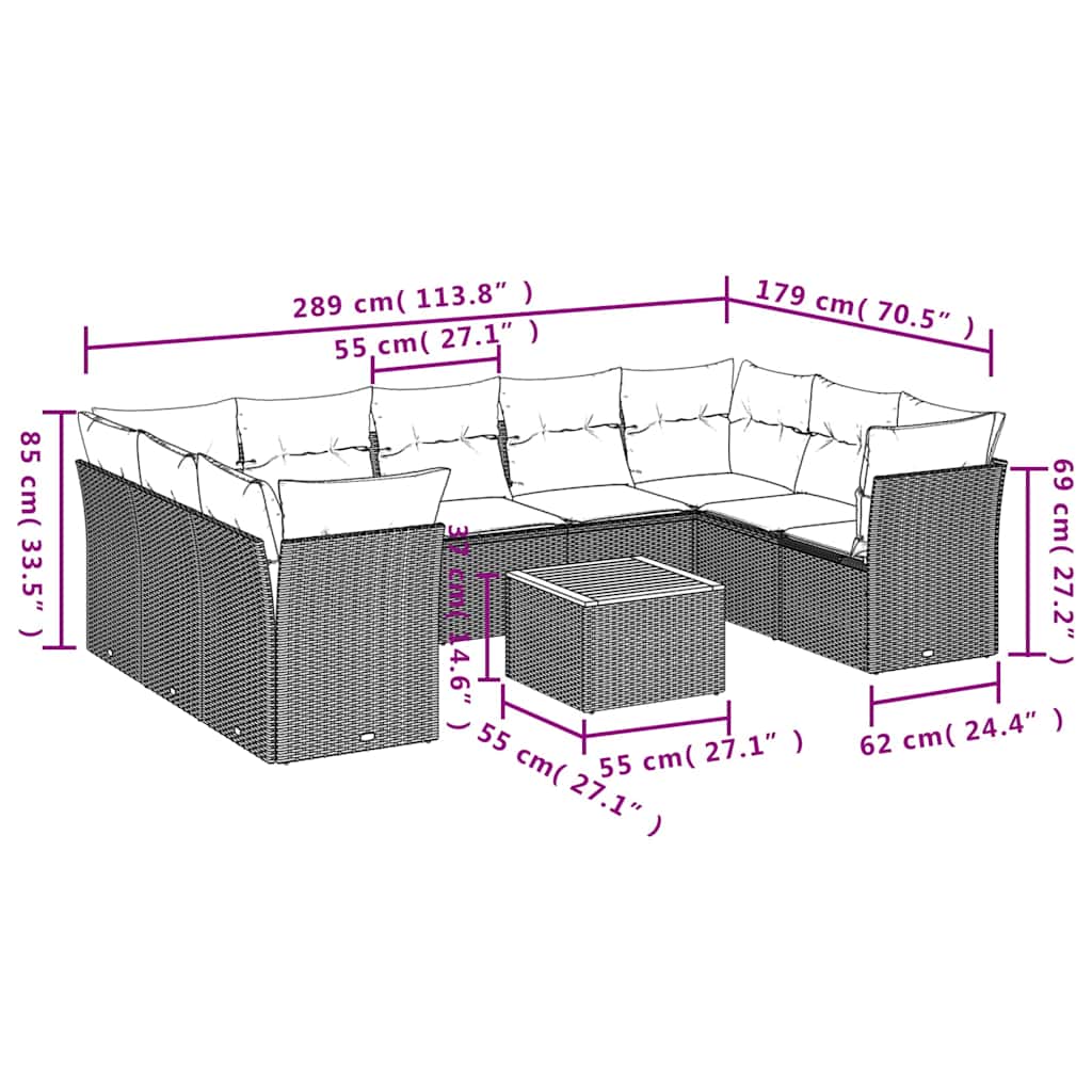 10-tlg. Garten-Sofagarnitur mit Kissen Schwarz Poly Rattan