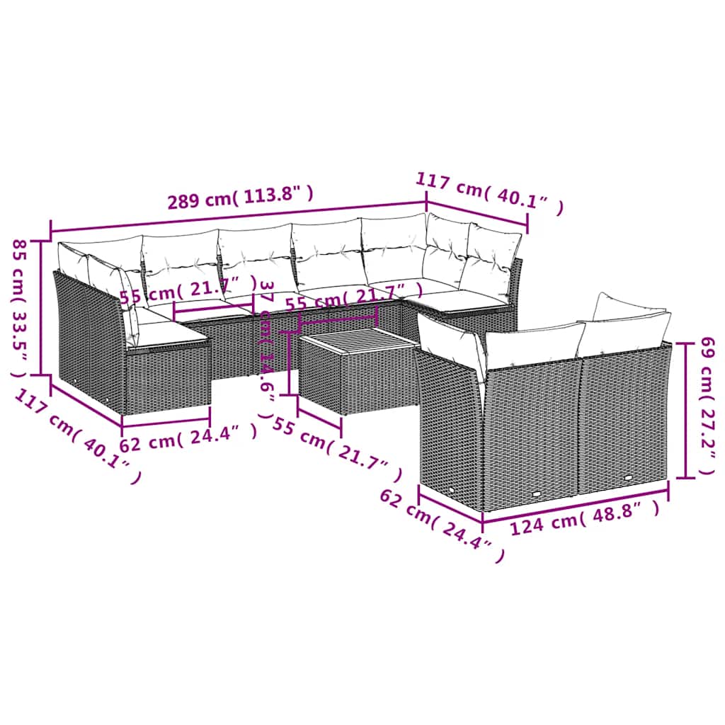 10-tlg. Garten-Sofagarnitur mit Kissen Schwarz Poly Rattan