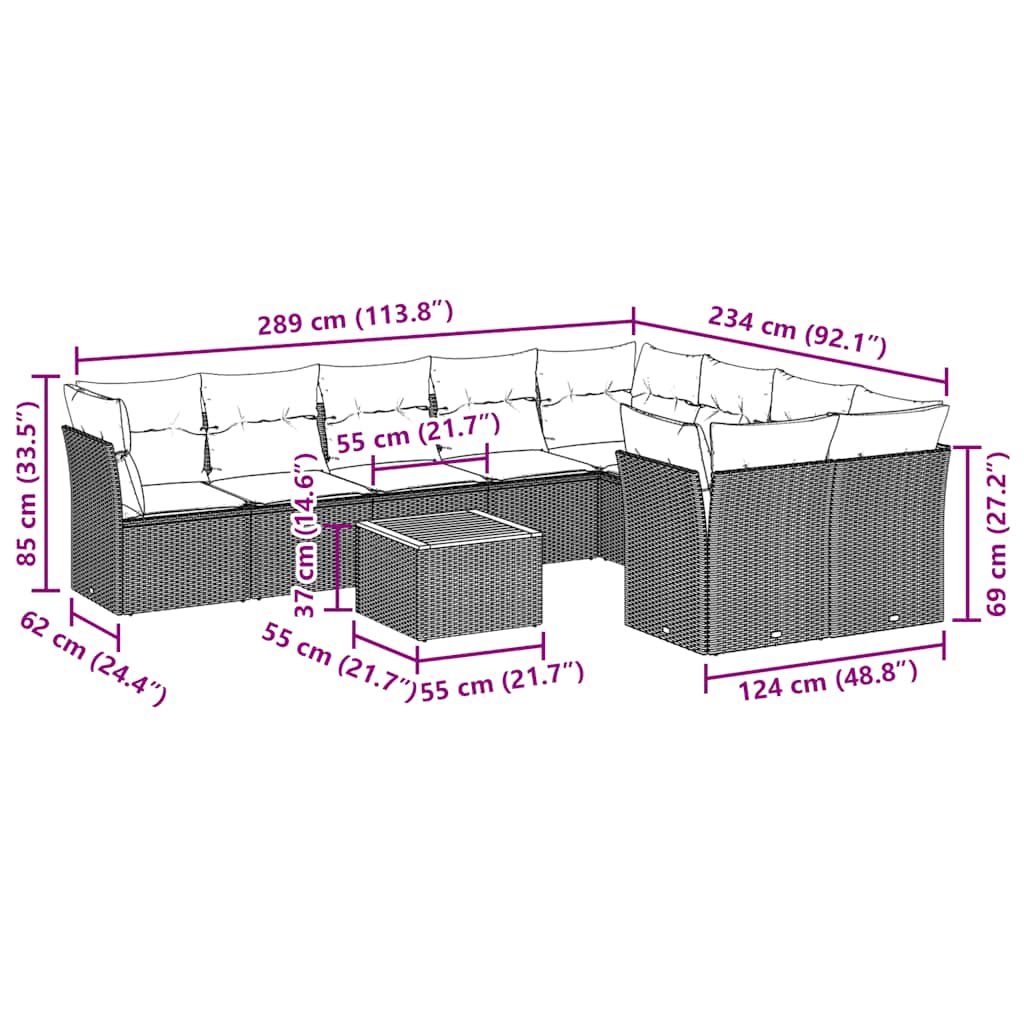 10-tlg. Garten-Sofagarnitur mit Kissen Schwarz Poly Rattan