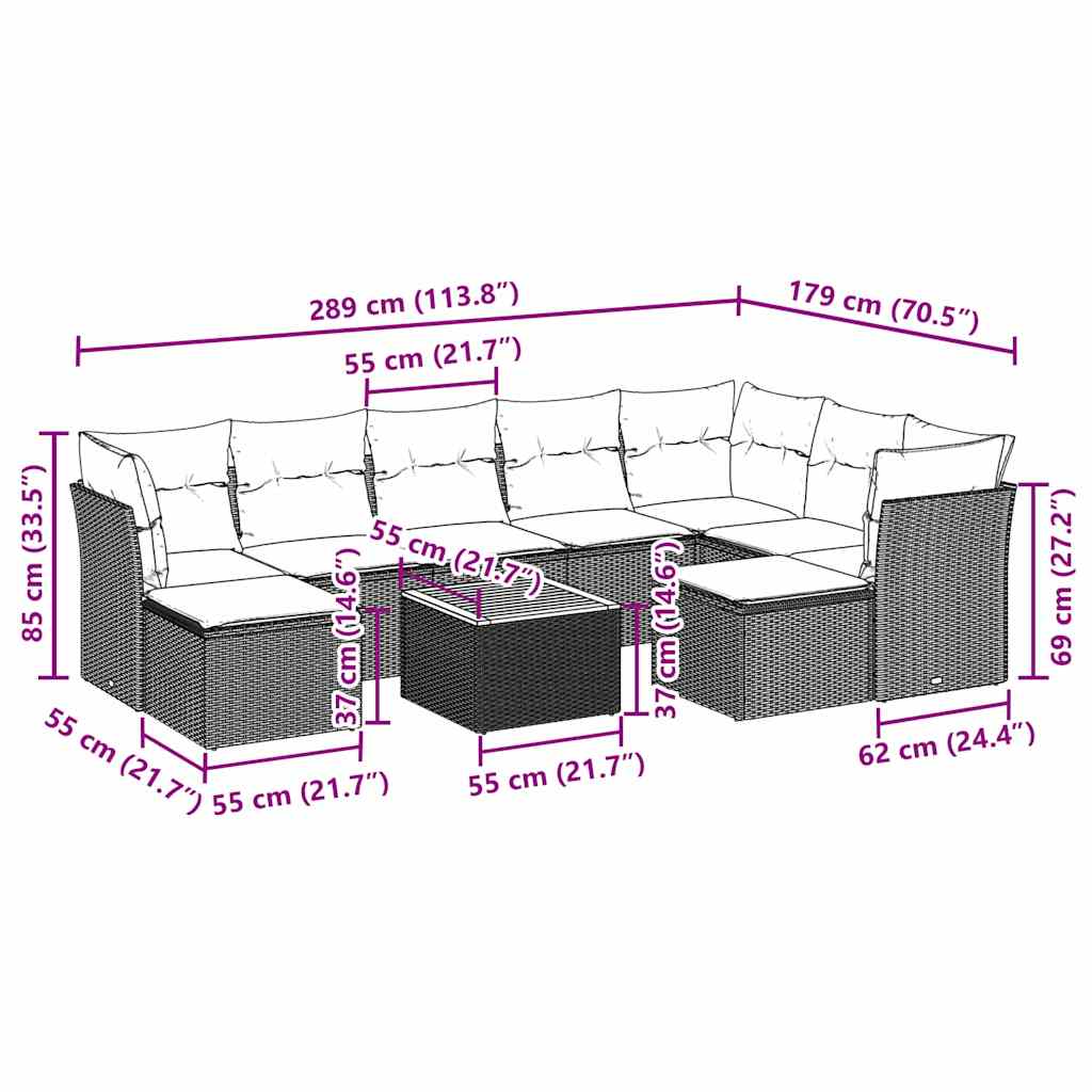 10-tlg. Garten-Sofagarnitur mit Kissen Schwarz Poly Rattan