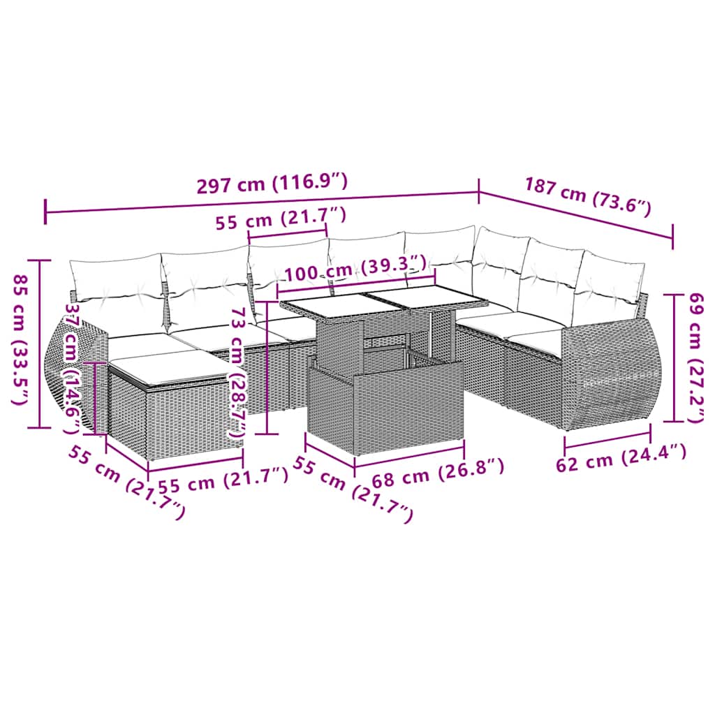 10-tlg. Garten-Sofagarnitur mit Kissen Braun Poly Rattan