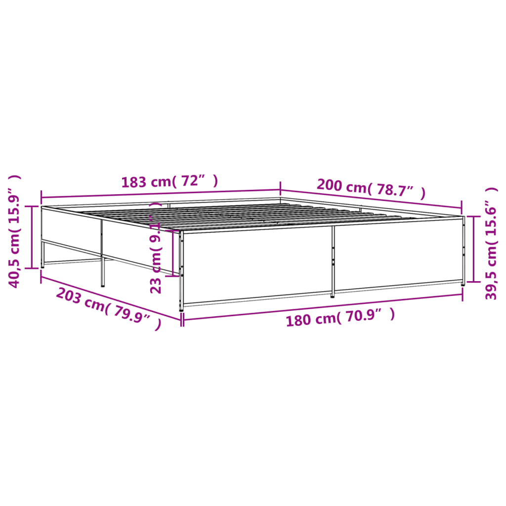 Bettgestell Grau Sonoma 180x200 cm Holzwerkstoff und Metall