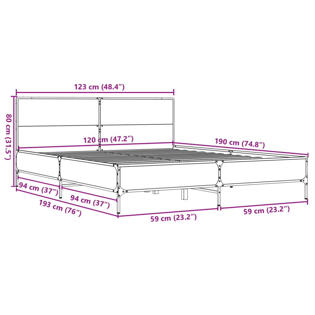 Bettgestell Grau Sonoma 120x190 cm Holzwerkstoff und Metall