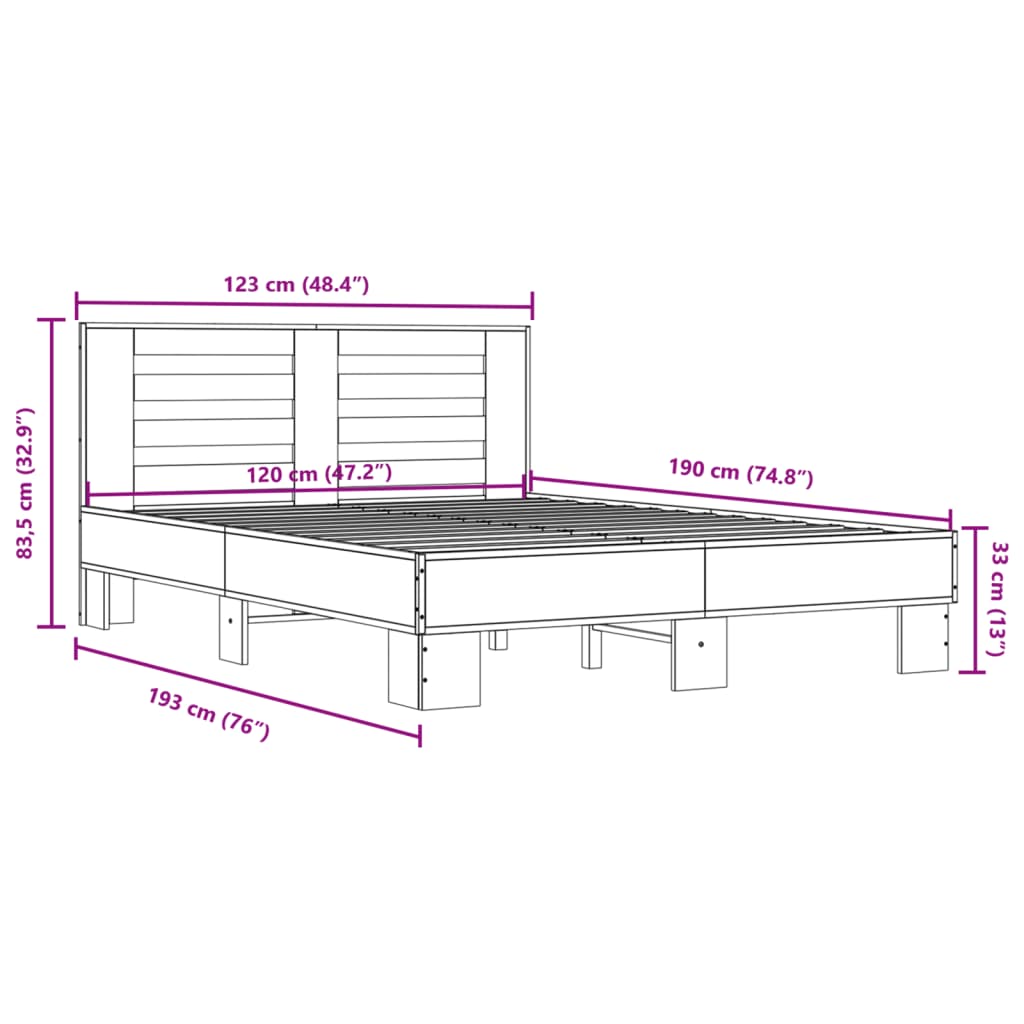 Bettgestell Grau Sonoma 120x190 cm Holzwerkstoff und Metall