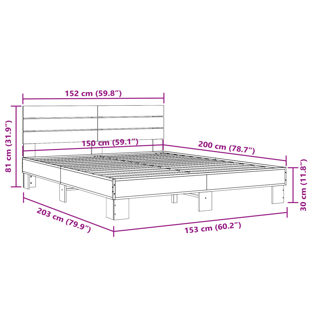 Bettgestell Grau Sonoma 150x200 cm Holzwerkstoff und Metall