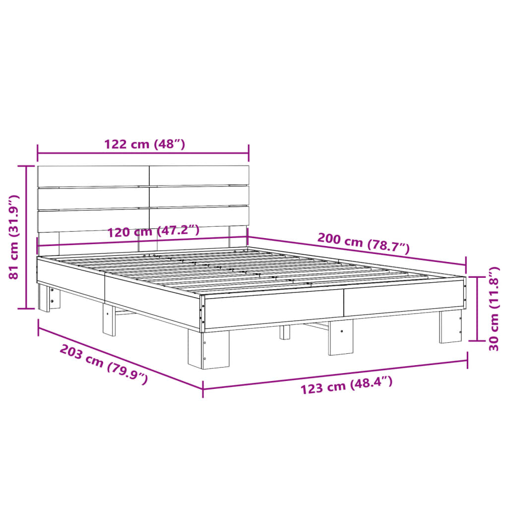 Bettgestell Grau Sonoma 120x200 cm Holzwerkstoff und Metall