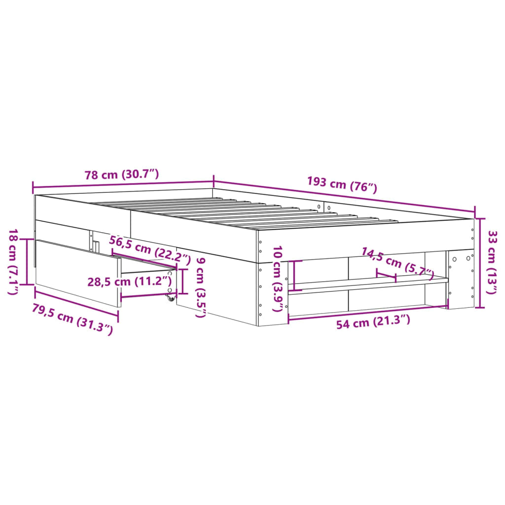Bettgestell Grau Sonoma 75x190 cm Holzwerkstoff