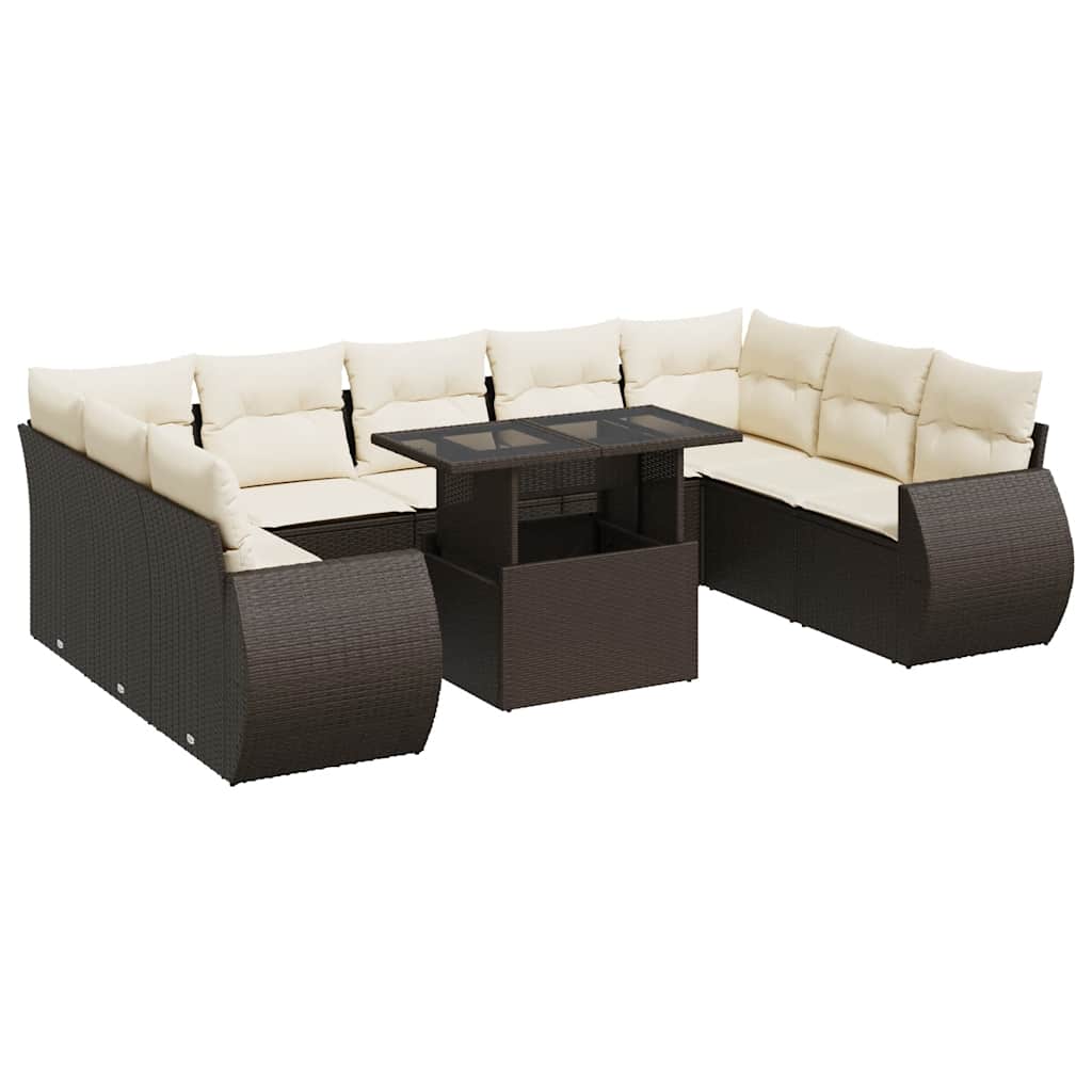 10-tlg. Garten-Sofagarnitur mit Kissen Braun Poly Rattan