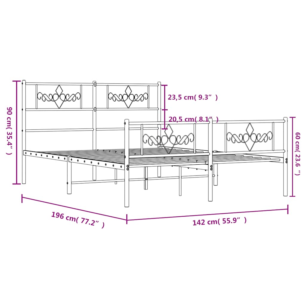 Bettgestell mit Kopf- und Fußteil Metall Schwarz 135x190 cm