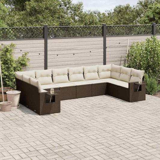 10-tlg. Garten-Sofagarnitur mit Kissen Braun Poly Rattan