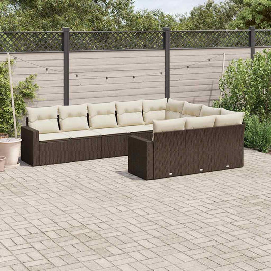 10-tlg. Garten-Sofagarnitur mit Kissen Braun Poly Rattan