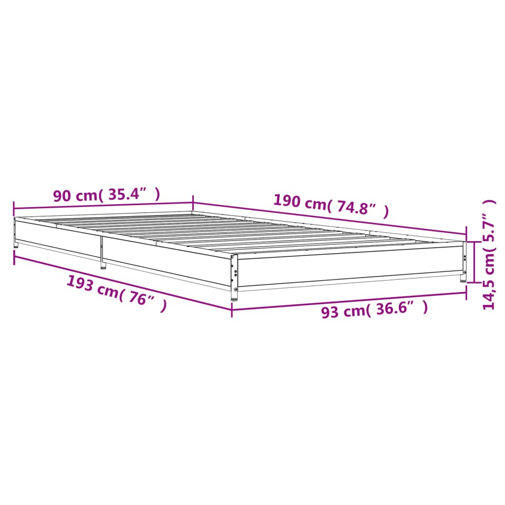 Bettgestell Grau Sonoma 90x190 cm Holzwerkstoff und Metall