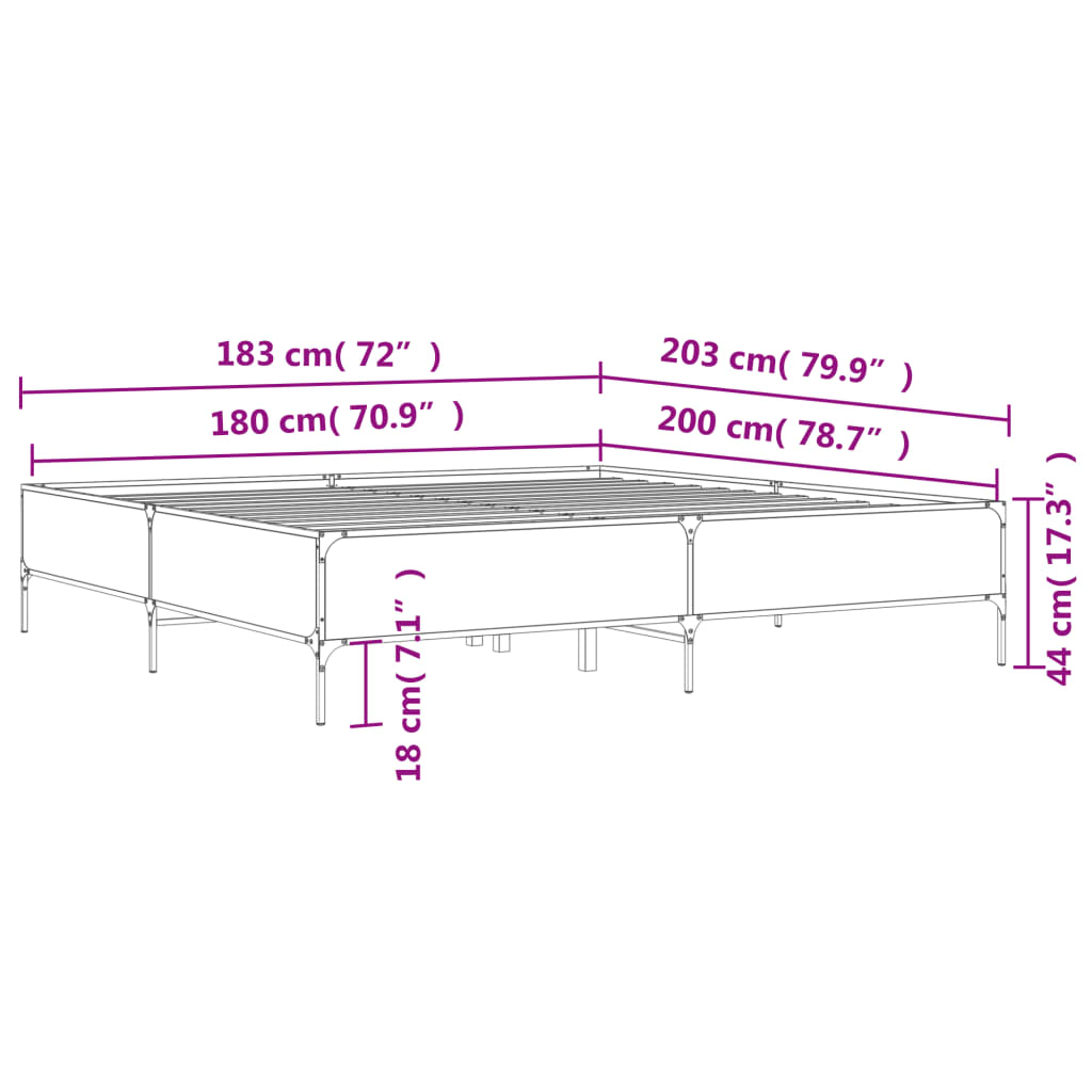 Bettgestell Grau Sonoma 180x200 cm Holzwerkstoff und Metall