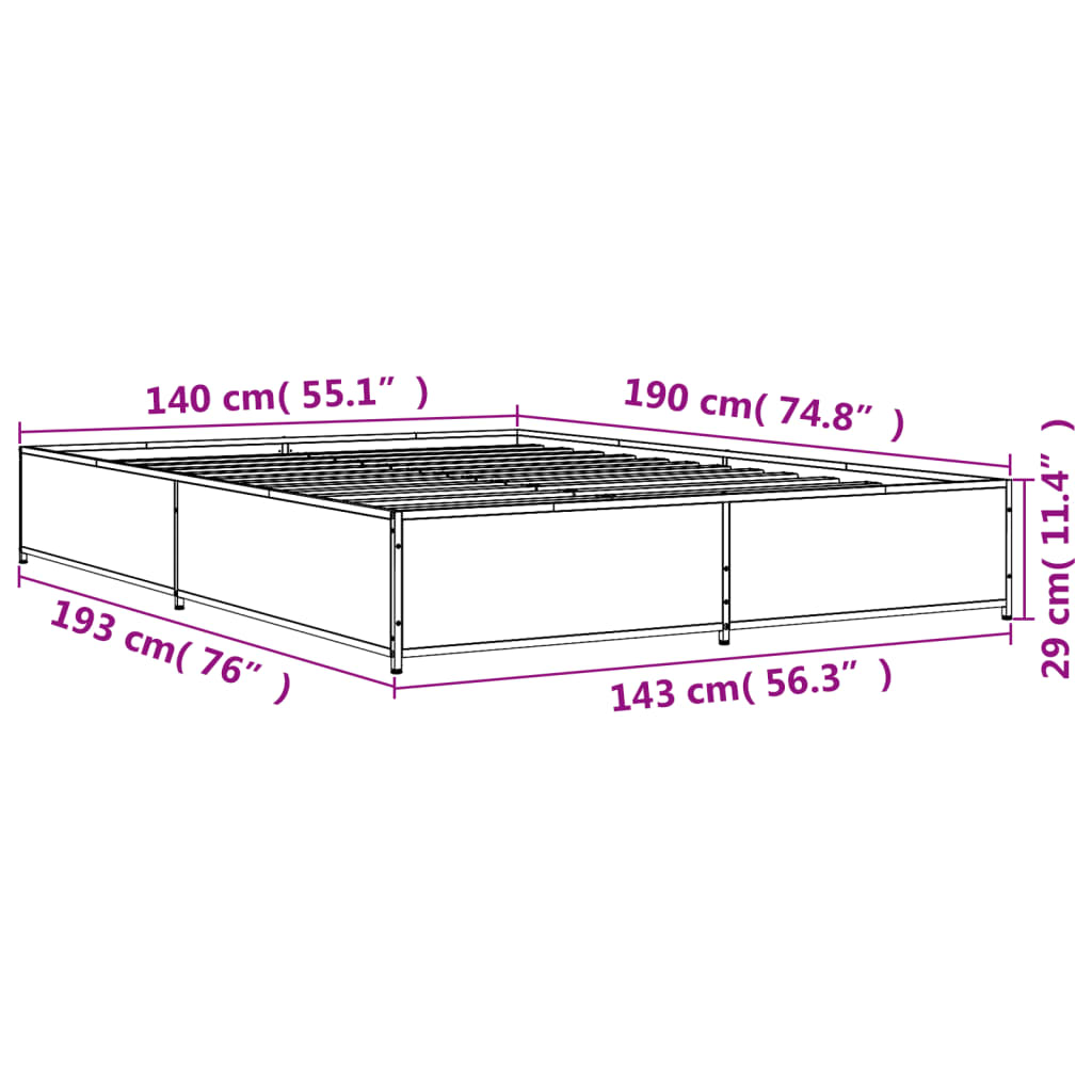 Bettgestell Grau Sonoma 140x190 cm Holzwerkstoff und Metall