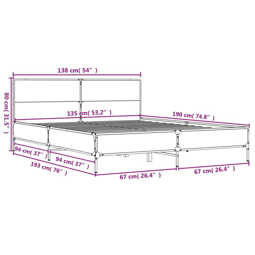 Bettgestell Grau Sonoma 135x190 cm Holzwerkstoff und Metall