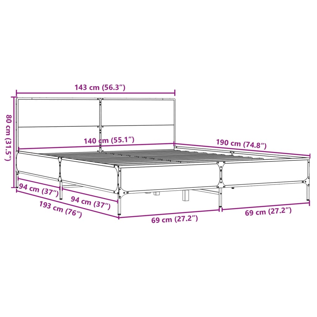 Bettgestell Grau Sonoma 140x190 cm Holzwerkstoff und Metall