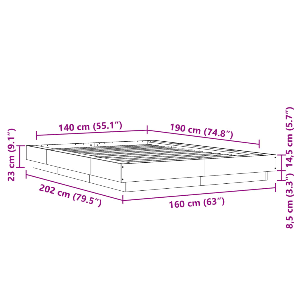 Bettgestell Grau Sonoma 140x190 cm Holzwerkstoff