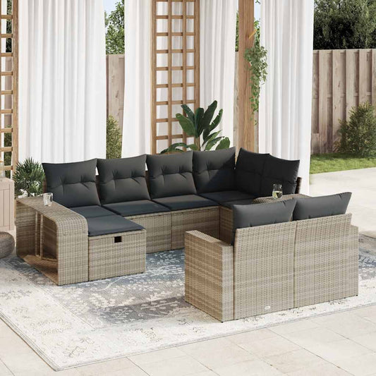 10-tlg. Garten-Sofagarnitur mit Kissen Hellgrau Poly Rattan